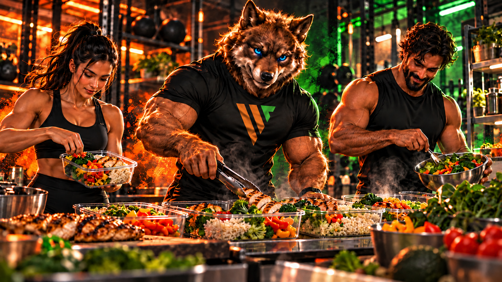 Django wearing the LEVELS V shirt, preparing balanced meals with two athletes.